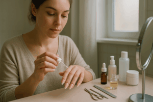 Woman applying cuticle oil to manicured hands at a vanity table in a softly lit modern bathroom.