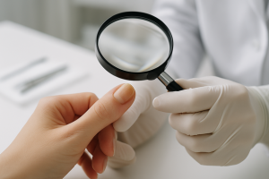 Dermatologista examinando com lupa a unha do polegar de uma mulher com descolamento e coloração amarelada, em ambiente clínico iluminado.