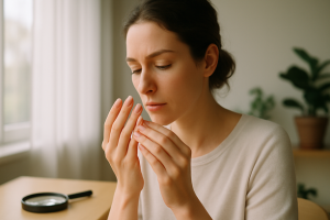 Mulher observa atentamente suas unhas naturais perto do rosto em ambiente interno iluminado pela luz suave da manhã, com lupa dermatológica sobre a mesa ao fundo.