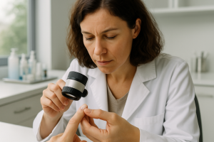 Dermatologista examinando unha com lupa de dermatoscopia em consultório moderno, linha marrom visível na unha do paciente