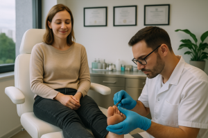 Paciente sentada em maca sendo atendida por podólogo que examina o dedão do pé com instrumentos estéreis em consultório moderno e iluminado