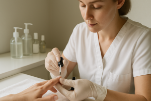 Profissional de estética com luvas aplicando base protetora nas unhas naturais de uma cliente em ambiente limpo e clínico