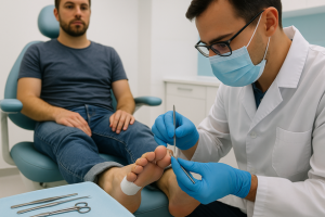Médico realiza procedimento cirúrgico na unha do dedão do pé de paciente sentado, com instrumentos esterilizados sobre bandeja e ambiente clínico iluminado