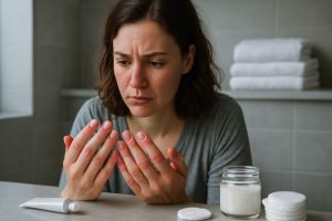 Mulher sentada à frente de um balcão de banheiro moderno observando as unhas inflamadas, com pomada e algodões ao lado e toalhas brancas ao fundo