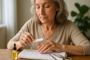 Mulher madura cuida das unhas das mãos com atenção, rodeada por utensílios de manicure e óleo nutritivo sobre toalha branca, com luz natural suave e planta verde desfocada ao fundo