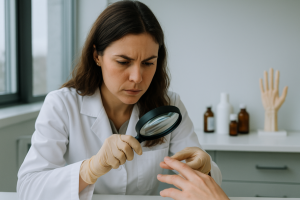 Dermatologista examinando a unha de uma paciente com lupa em consultório bem iluminado