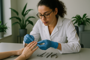 Profissional da saúde analisa cuidadosamente as mãos de uma paciente em consultório dermatológico moderno, com instrumentos médicos organizados e ambiente clínico iluminado por luz natural difusa