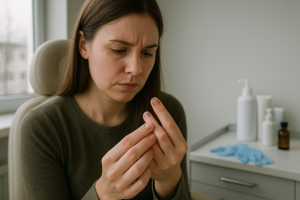 Mulher observando atentamente a unha parcialmente descolada do dedo indicador enquanto segura a mão ferida em um consultório dermatológico