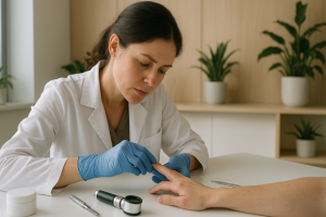 Dermatologista usando luvas azuis examina a unha de uma paciente em clínica moderna bem iluminada