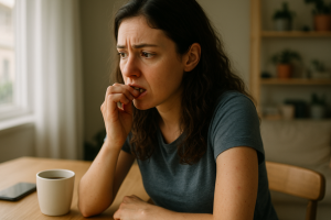 Mulher jovem roendo as unhas com expressão preocupada, sentada à mesa em ambiente doméstico iluminado pela luz suave da manhã