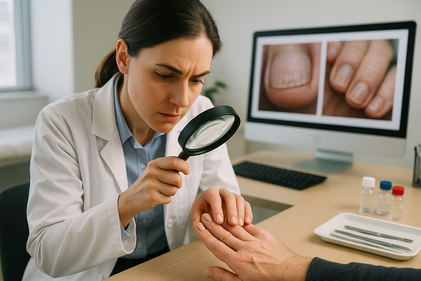 Dermatologista examinando com lupa a mão de um paciente com unhas alteradas em consultório moderno e bem iluminado