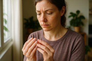 Mulher observando cuidadosamente suas unhas fragilizadas com as mãos entrelaçadas diante de uma janela iluminada em ambiente doméstico com plantas ao fundo