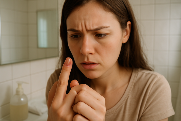 Mulher jovem observa dedo indicador com inflamação ao redor da unha, aparentando preocupação, em banheiro iluminado com itens de higiene ao fundo.