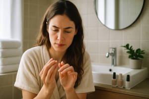 Mulher jovem examinando suas unhas com expressão concentrada em um banheiro moderno com luz natural
