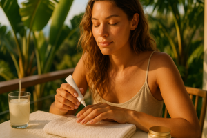 Mulher aplicando hidratante nas cutículas em uma varanda ensolarada, com as mãos sobre uma toalha branca, cercada por plantas tropicais e um copo de água de coco ao lado