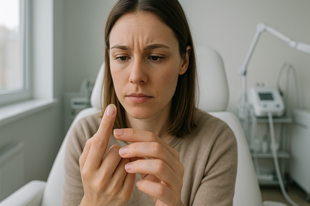 Mulher observa com atenção uma das unhas da mão, com leve descolamento visível na ponta, sentada em clínica dermatológica moderna