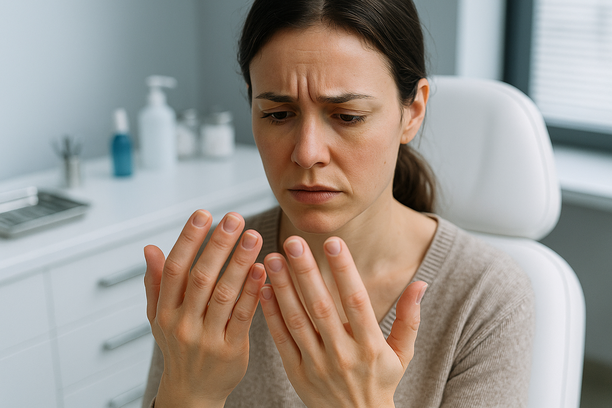 Mulher com expressão preocupada observa atentamente suas mãos em consultório dermatológico moderno, com unhas em formato côncavo em destaque