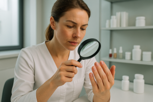 Mulher examinando suas unhas curtas e bem cuidadas com uma lupa em clínica dermatológica moderna, com bancada ao fundo contendo frascos de esmaltes terapêuticos e hidratantes