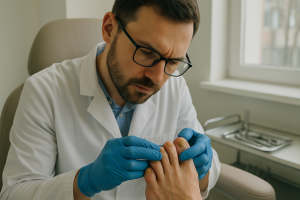 Podólogo examinando unhas dos pés com sinais de onicomicose em consultório moderno, usando luvas azuis e com instrumentos esterilizados ao fundo