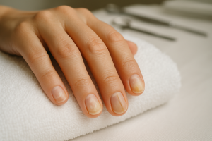 Close-up de uma mão feminina com manchas brancas e amarelas nas unhas, além de uma linha escura sutil, repousando sobre toalha branca em ambiente clínico.