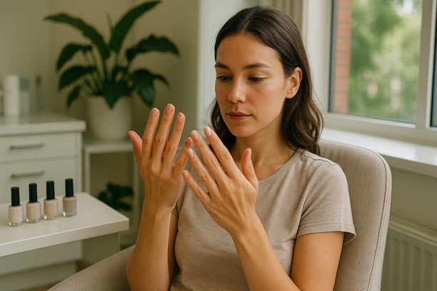 Mulher jovem inspeciona cuidadosamente suas unhas em frente a uma janela iluminada em consultório dermatológico moderno, sentada em uma poltrona elegante com frascos de esmalte e plantas ao fundo.