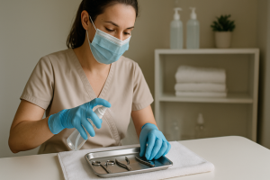 Manicure com máscara e luvas esteriliza instrumentos metálicos sobre bandeja de inox em sala estética iluminada e limpa
