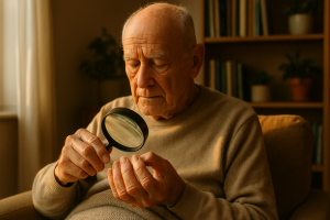 Idoso sentado em casa iluminada pela luz do fim de tarde, usando uma lupa para examinar suas unhas espessas e amareladas com expressão serena