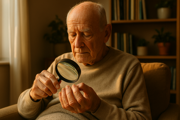 Idoso sentado em casa iluminada pela luz do fim de tarde, usando uma lupa para examinar suas unhas espessas e amareladas com expressão serena