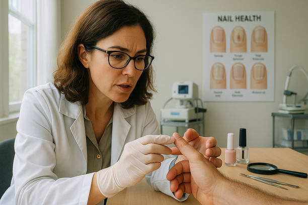 Dermatologista examinando as unhas de um paciente, discutindo sinais de tumores em um consultório iluminado.