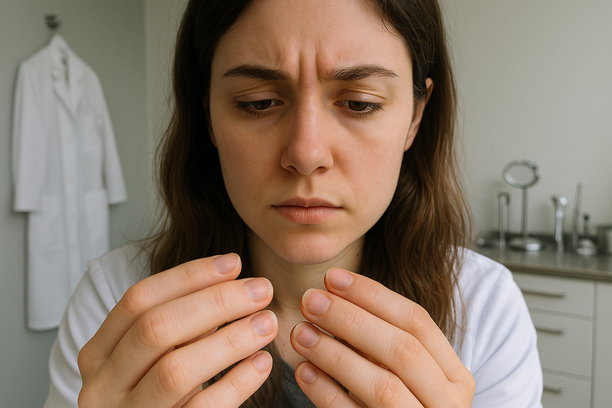 Mulher jovem observa cuidadosamente suas unhas frágeis e levemente manchadas em consultório dermatológico bem iluminado