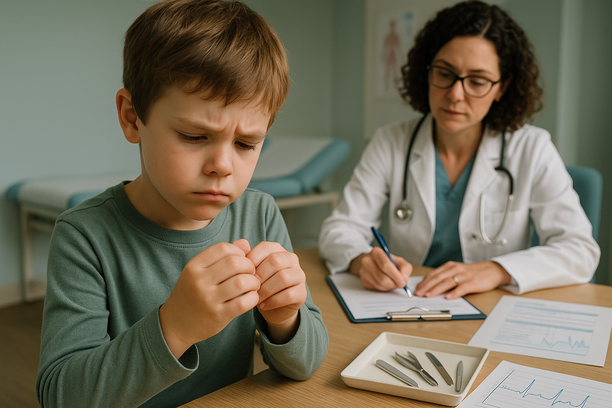 Criança examinando suas unhas com cuidado em um consultório médico, com instrumentos de manicure e documentos visíveis ao fundo.