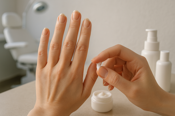 Mãos femininas com unhas fracas aplicando tratamento hidratante em consultório dermatológico moderno.