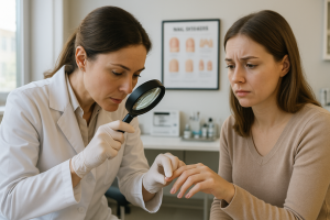 Dermatologista examinando a unha de uma paciente com lupa em consultório médico moderno.