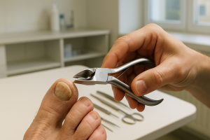 Uma mão segurando um alicate de unhas, cortando uma unha grossa e curvada em um consultório de podologia.