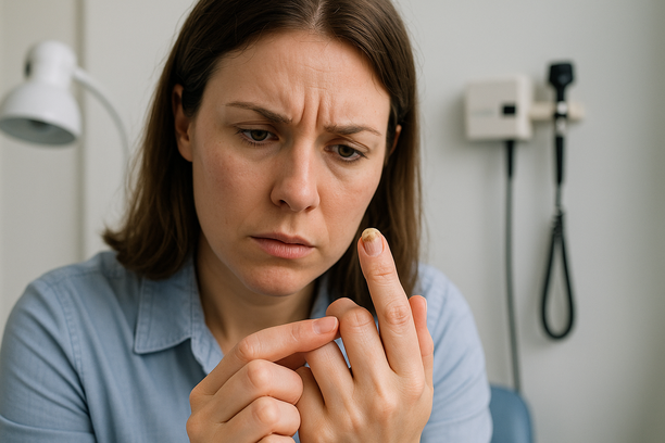 Uma mão feminina examina uma unha danificada em um consultório médico.