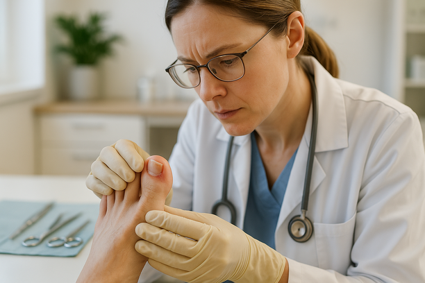 Uma profissional de saúde examinando de perto um pé com unha encravada em consultório médico bem iluminado.