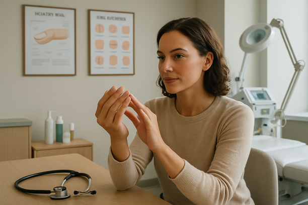 Uma mulher confiante examina suas unhas durante uma consulta a uma dermatologista em um consultório bem iluminado, com equipamentos médicos ao fundo.
