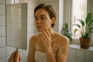 Pessoa com pele clara exibindo manchas brancas, olhando para o espelho e tocando sua pele, em um banheiro iluminado com azulejos brancos e plantas verdes ao fundo.
