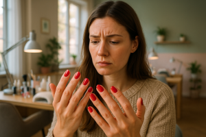 Uma mulher com unhas vermelhas bem cuidadas observa suas mãos com leve preocupação em um ambiente de manicure elegante.