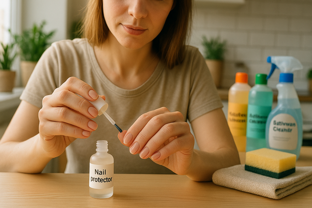 Close-up de uma mulher aplicando protetor para unhas em uma cozinha organizada, com produtos de limpeza ao fundo.