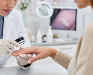 Dra. Tatiana Gabbi avaliando alterações nas unhas durante consulta dermatológica em São Paulo