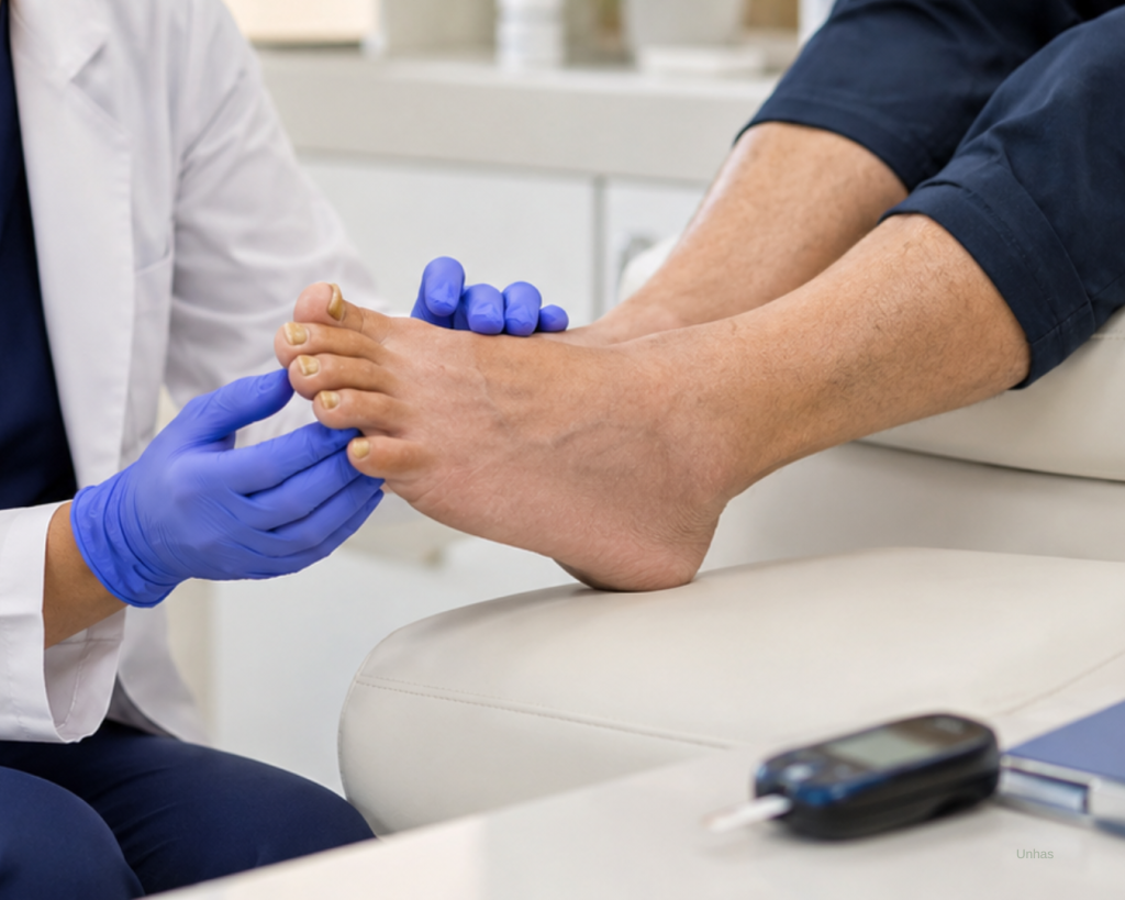 Dermatologista avaliando unhas dos pés de paciente diabético durante consulta em São Paulo