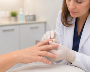 Dermatologista avaliando unha descolando durante consulta sobre unha caindo sozinha