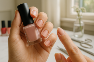 Close-up de uma mão feminina segurando um esmalte, examinando uma unha quebrada no dedo mindinho com fundo de um espaço de manicure decorado.