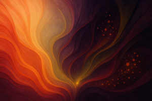 Composição abstrata que ilustra a distinção entre inflamação e infecção, com transição de cores quentes para escuras e pontos luminosos.
