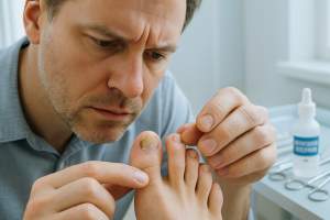 Uma pessoa examina atentamente as unhas dos pés com micose em um ambiente clínico iluminado, com instrumentos médicos e um frasco de solução antifúngica ao fundo.