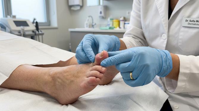 Mãos de dermatologista com luvas examinando dedo do pé com inflamação na lateral da unha.