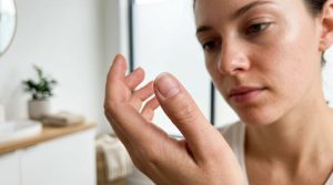 Mão feminina jovem-adulta em close-up, observando unha com pequenas lascas e descamação na ponta, em fundo claro e minimalista.