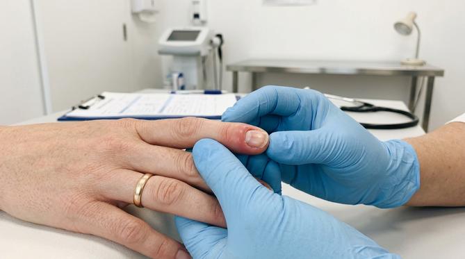 Close-up de dermatologista examinando dedo com inflamação sutil e inchaço na área da cutícula da unha.