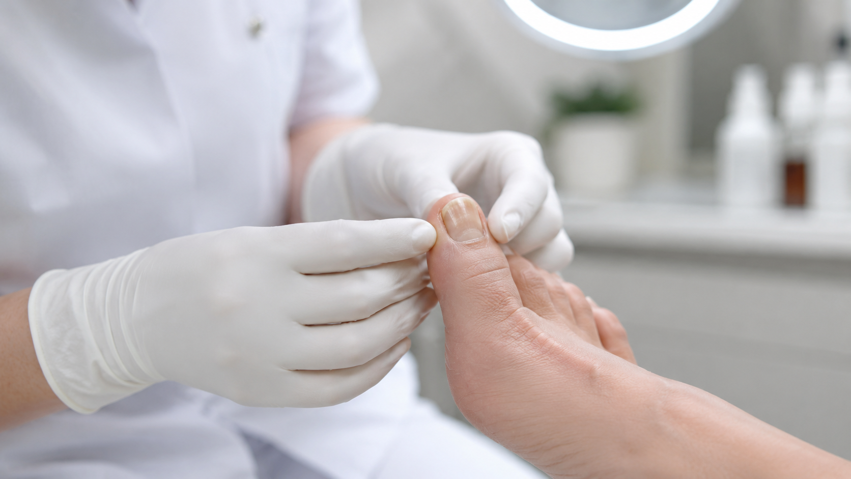 Avaliação dermatológica de unha do pé com alteração sugestiva de micose de unha em ambiente clínico.